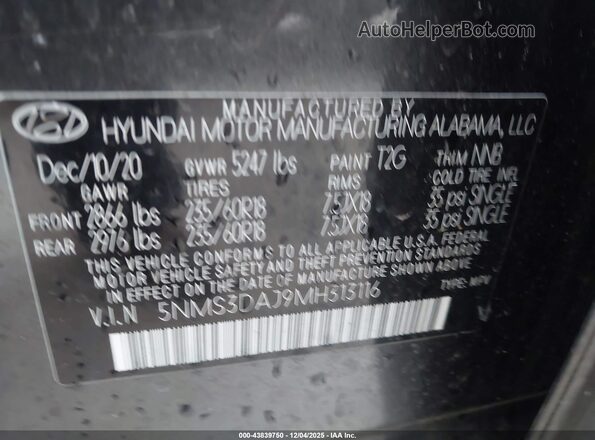 5NMS3DAJ9MH313116 2021 HYUNDAI SANTA FE Серый Вид подкапотного пространства