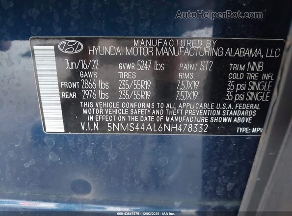 5NMS44AL6NH478332 2022 HYUNDAI SANTA FE Синий Вид подкапотного пространства