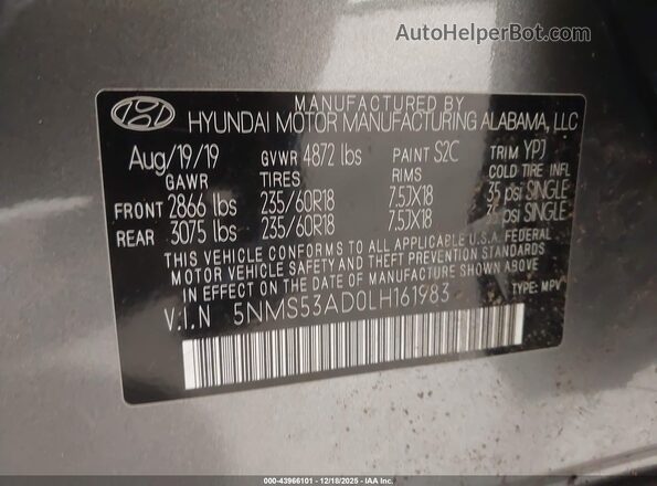 5NMS53AD0LH161983 2020 HYUNDAI SANTA FE Серый Вид подкапотного пространства