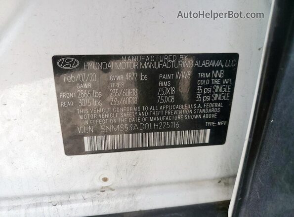 5NMS53AD0LH225116 2020 HYUNDAI SANTA Белый Вид наклейки с VIN-кодом