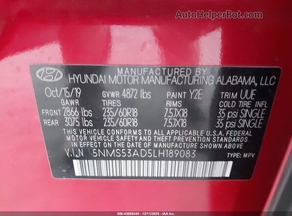 5NMS53AD5LH189083 2020 HYUNDAI SANTA FE Красный Вид подкапотного пространства