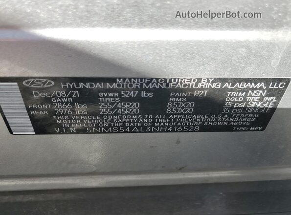 5NMS54AL3NH416528 2022 HYUNDAI SANTA FE CALLIGRAPHY Silver VIN კოდის სტიკერის ხედი