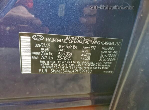 5NMS54AL4PH597450 2023 HYUNDAI SANTA FE CALLIGRAPHY Blue Widok naklejki z numerem VIN