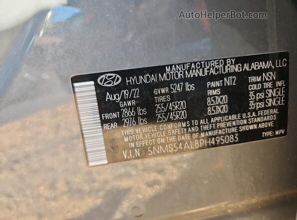 5NMS54AL8PH495083 2023 HYUNDAI SANTA FE CALLIGRAPHY Gray Widok naklejki z numerem VIN