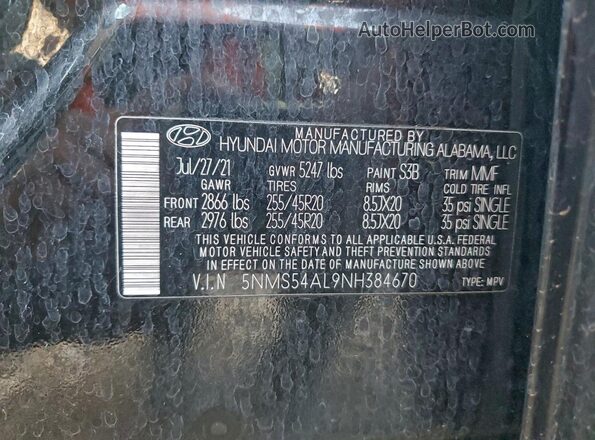 5NMS54AL9NH384670 2022 HYUNDAI SANTA FE CALLIGRAPHY Black VIN კოდის სტიკერის ხედი