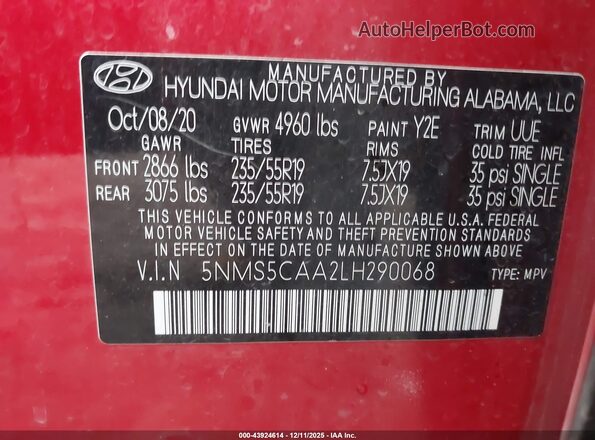 5NMS5CAA2LH290068 2020 HYUNDAI SANTA FE Красный Вид подкапотного пространства