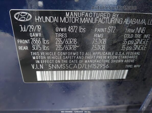 5NMS5CAD7LH152956 2020 HYUNDAI SANTA FE Dark Blue Вид подкапотного пространства