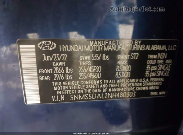 5NMS5DAL2NH480303 2022 HYUNDAI SANTA FE CALLIGRAPHY Blue ძრავის განყოფილების ხედი