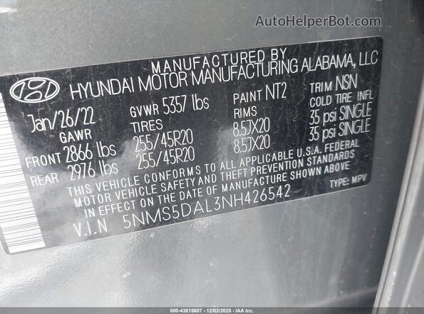 5NMS5DAL3NH426542 2022 HYUNDAI SANTA FE CALLIGRAPHY Gray Engine compartment view