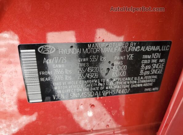 5NMS5DAL9PH574407 2023 HYUNDAI SANTA FE CALLIGRAPHY Red Вид наклейки з VIN-кодом