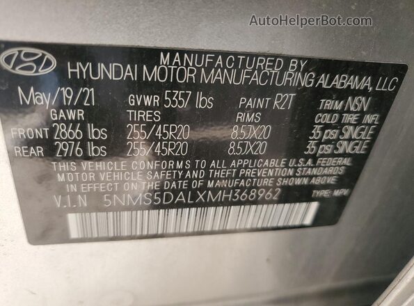 5NMS5DALXMH368962 2021 HYUNDAI SANTA FE CALLIGRAPHY Silver Widok naklejki z numerem VIN