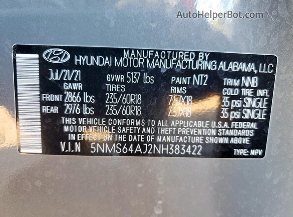 5NMS64AJ2NH383422 2022 HYUNDAI SANTA Серый Панорамный вид салона 360°