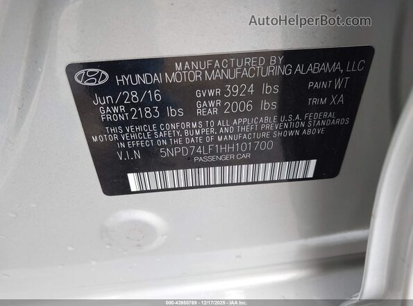 5NPD74LF1HH101700 2017 HYUNDAI ELANTRA Beige Vista del compartimento del motor