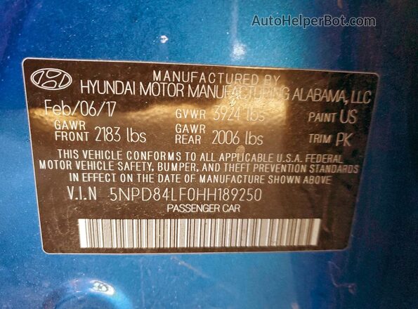 5NPD84LF0HH189250 2017 HYUNDAI ELANTRA Blue Vista del compartimento del motor
