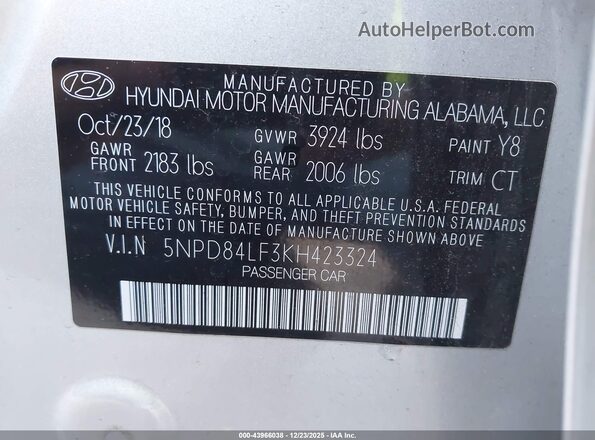 5NPD84LF3KH423324 2019 HYUNDAI ELANTRA Silver Вид підкапотного простору