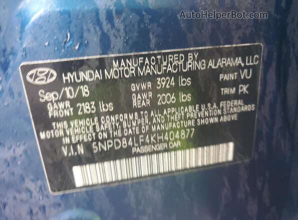 5NPD84LF4KH404877 2019 HYUNDAI ELANTRA Blue Vista del compartimento del motor