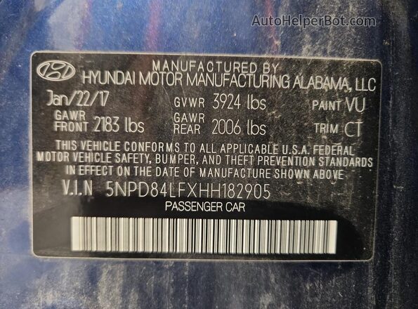 5NPD84LFXHH182905 2017 HYUNDAI ELANTRA Blue Engine compartment view