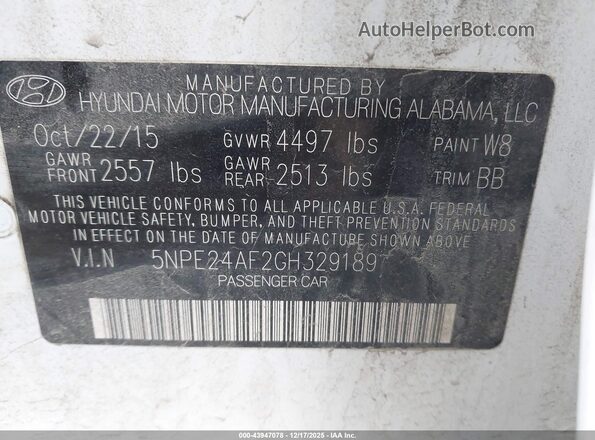 5NPE24AF2GH329189 2016 HYUNDAI SONATA Белый Вид подкапотного пространства