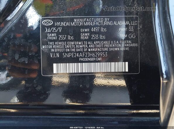 5NPE24AF2JH629953 2018 HYUNDAI SONATA Черный Вид подкапотного пространства