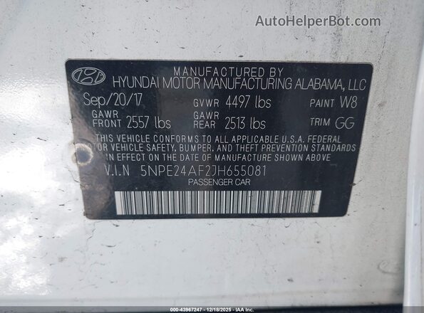 5NPE24AF2JH655081 2018 HYUNDAI SONATA Белый Вид подкапотного пространства