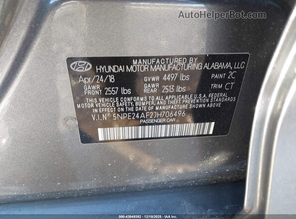 5NPE24AF2JH706496 2018 HYUNDAI SONATA Gray Вид підкапотного простору