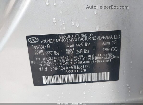 5NPE24AF5JH681321 2018 HYUNDAI SONATA Серебряный Вид подкапотного пространства