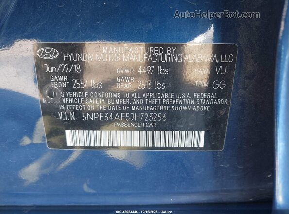 5NPE34AF5JH723256 2018 HYUNDAI SONATA Blue Вид підкапотного простору