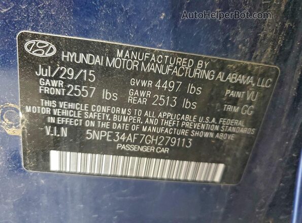 5NPE34AF7GH279113 2016 HYUNDAI SONATA Blue Widok komory silnika