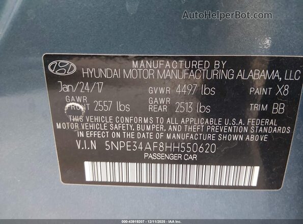 5NPE34AF8HH550620 2017 HYUNDAI SONATA Синий Вид подкапотного пространства