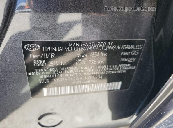 5NPEF4JA9LH015204 2020 HYUNDAI SONATA Gray Vista de la etiqueta del VIN