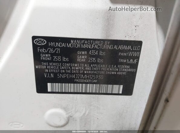 5NPEH4J21MH125930 2021 HYUNDAI SONATA Белый Вид подкапотного пространства
