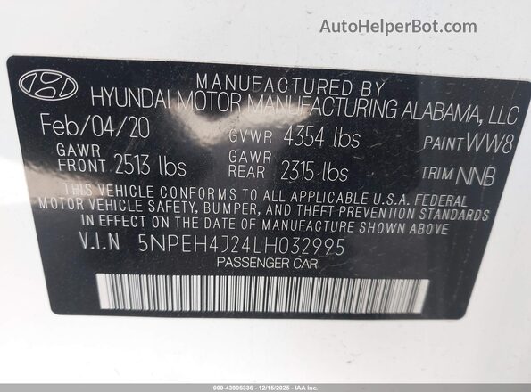 5NPEH4J24LH032995 2020 HYUNDAI SONATA Белый Вид подкапотного пространства