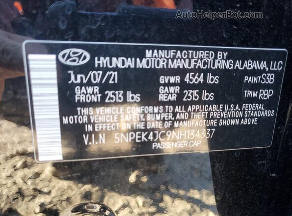 5NPEK4JC9NH134337 2022 HYUNDAI SONATA Black Vista de la etiqueta del VIN