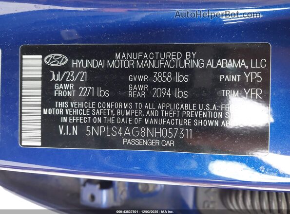 5NPLS4AG8NH057311 2022 HYUNDAI ELANTRA Синий Вид подкапотного пространства
