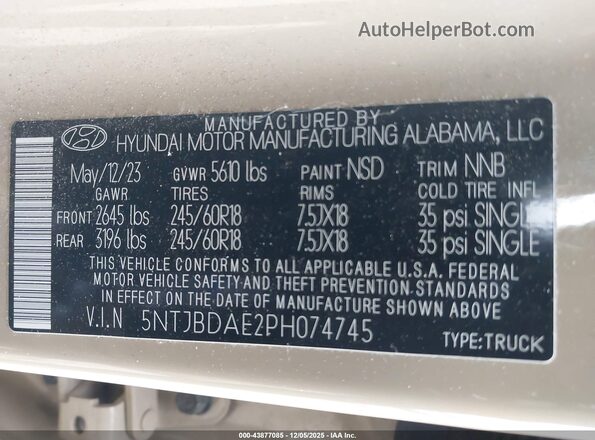 5NTJBDAE2PH074745 2023 HYUNDAI SANTA CRUZ Cream Vista del compartimento del motor