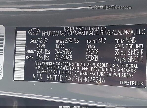 5NTJDDAF7NH028246 2022 HYUNDAI SANTA CRUZ Gray ძრავის განყოფილების ხედი