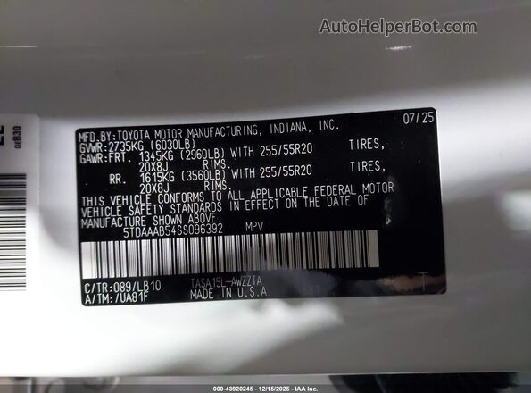 5TDAAAB54SS096392 2025 TOYOTA GRAND HIGHLANDER White Widok komory silnika