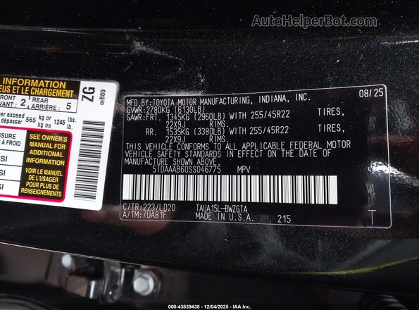 5TDAAAB60SS046775 2025 LEXUS TX 350 Black Widok komory silnika
