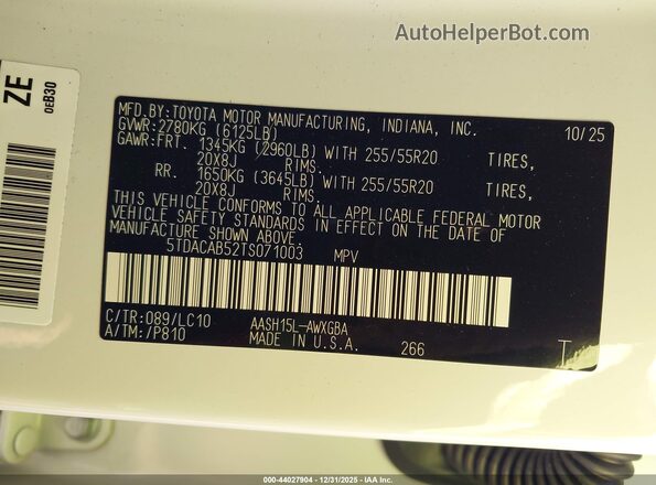 5TDACAB52TS071003 2026 TOYOTA LIMITED White Engine compartment view