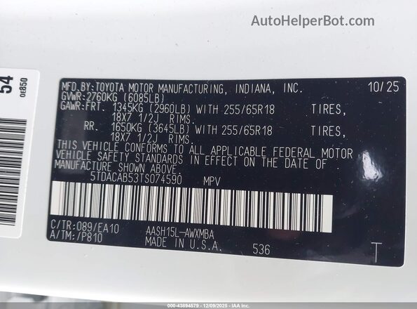 5TDACAB53TS074590 2026 TOYOTA LE Белый Вид подкапотного пространства