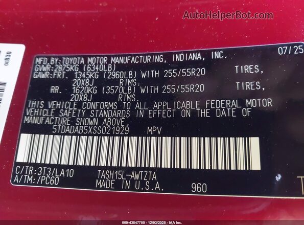 5TDADAB5XSS021929 2025 TOYOTA HIGHLANDER HYBRID Красный Вид подкапотного пространства