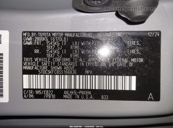 5TDCSKFC8SS166836 2025 TOYOTA SIENNA Gray Widok komory silnika