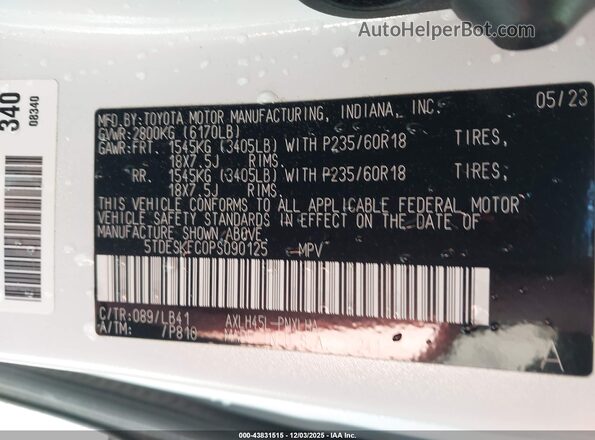 5TDESKFC0PS090125 2023 TOYOTA SIENNA White Widok komory silnika