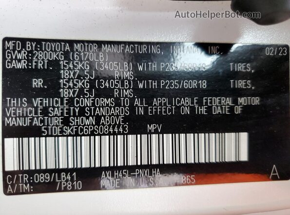 5TDESKFC6PS084443 2023 TOYOTA LIMITED White Vista de la etiqueta del VIN