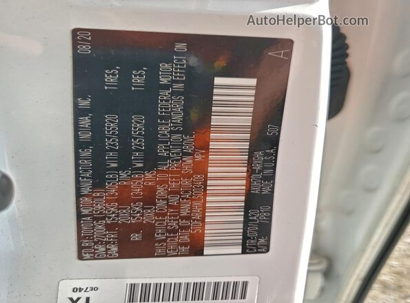 5TDFARAHXLS003408 2020 TOYOTA HIGHLANDER HYBRID Белый Вид наклейки с VIN-кодом