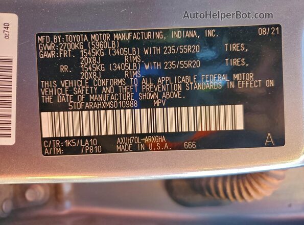 5TDFARAHXMS010988 2021 TOYOTA HIGHLANDER HYBRID Серебряный Вид наклейки с VIN-кодом