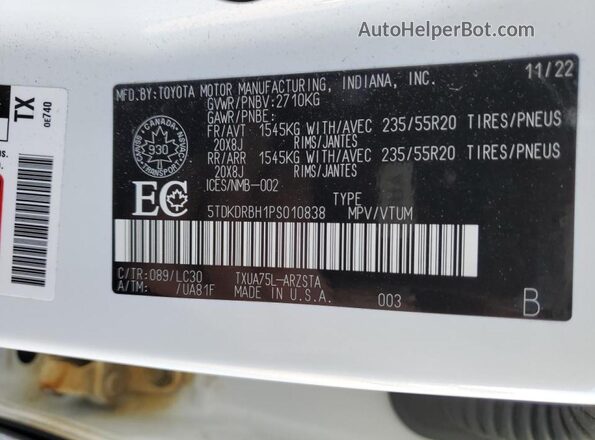 5TDKDRBH1PS010838 2023 TOYOTA HIGHLANDER White Widok wnętrza 360 stopni