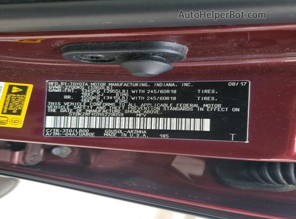 5TDKZRFH2HS229059 2017 TOYOTA HIGHLANDER Burgundy Vista de la etiqueta del VIN