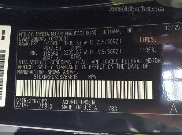 5TDXRKEC5SS285815 2025 TOYOTA SIENNA Черный Вид подкапотного пространства