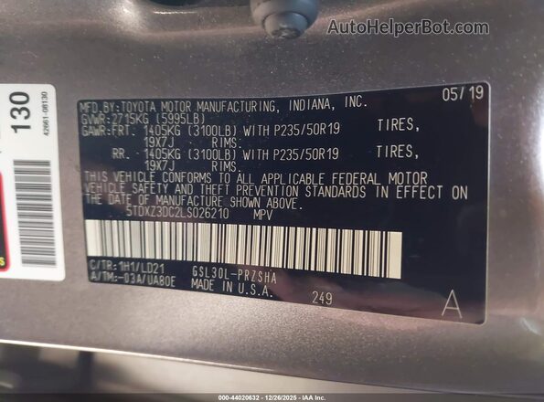 5TDXZ3DC2LS026210 2020 TOYOTA SIENNA Оранжевый Вид подкапотного пространства